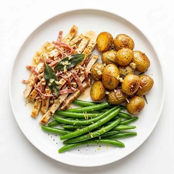 Chicken Saltimbocca with Garlic Roasted Baby Potatoes & Green Beans